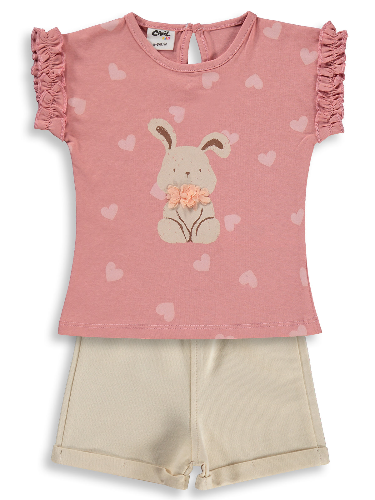 B26Y489 MyCozyKids Baby Kalp Empirme Tavşan Print Shortslu 6-18 Months Set